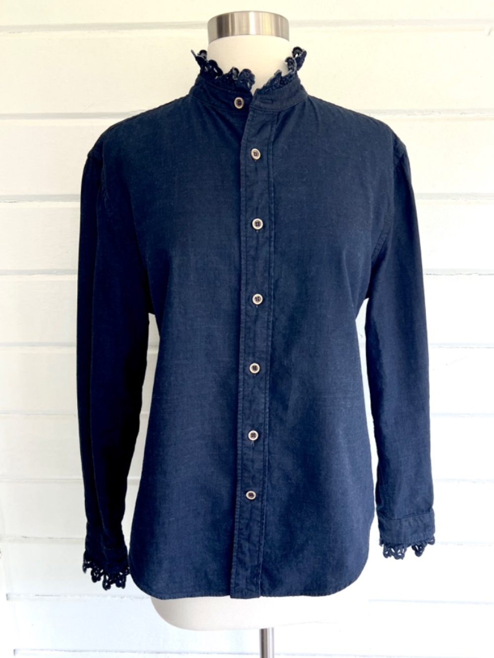 45R Dark Indigo Frilled Button Up Long Sleeved Shirt - M/L